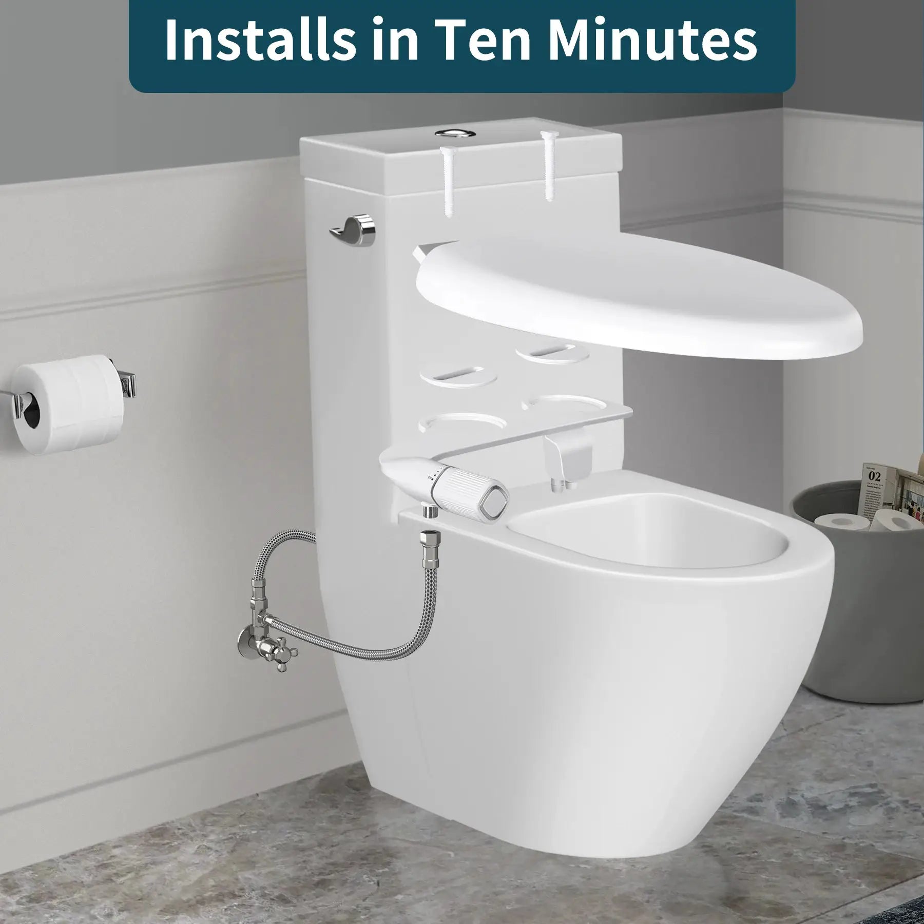 Bidet toilet attachment by Simples Market, non-electric with dual nozzle and brass inlet on white toilet.
