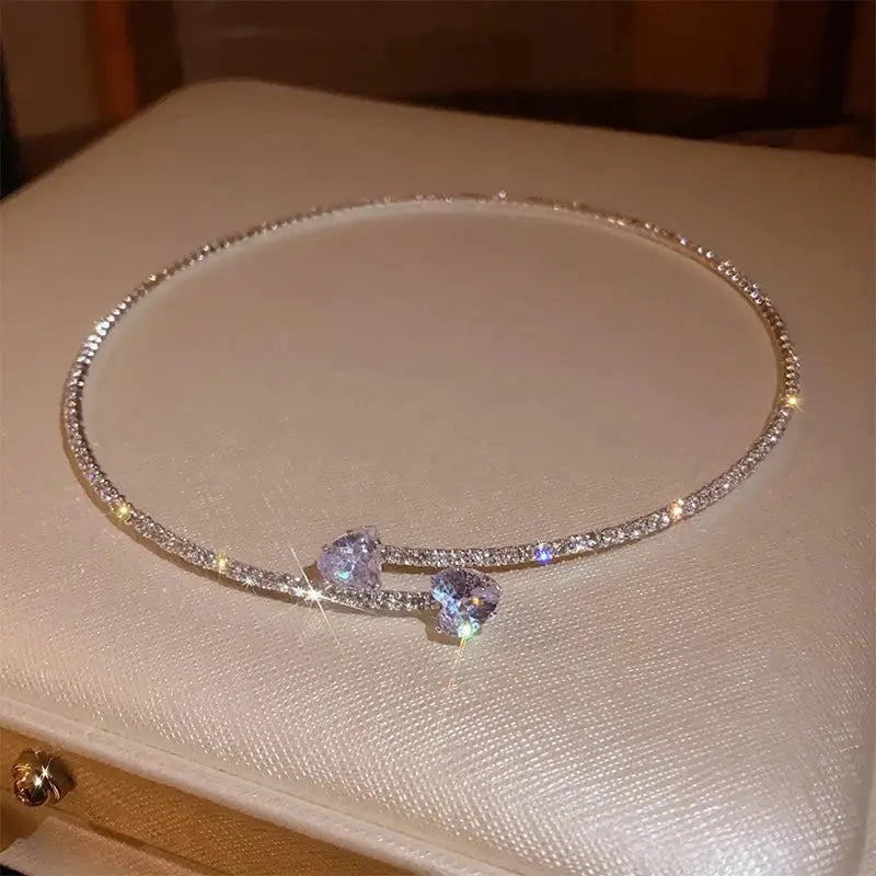 Zircon Double Layered Water Drop Heart Necklace Imitation Pearls Cross Wave Silver Tone Collarbone Pendant For Women