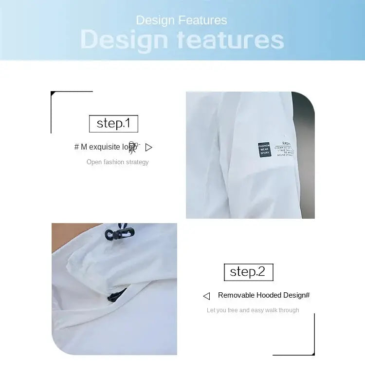 Simples Market white sun-protection hooded jacket, lightweight and breathable.