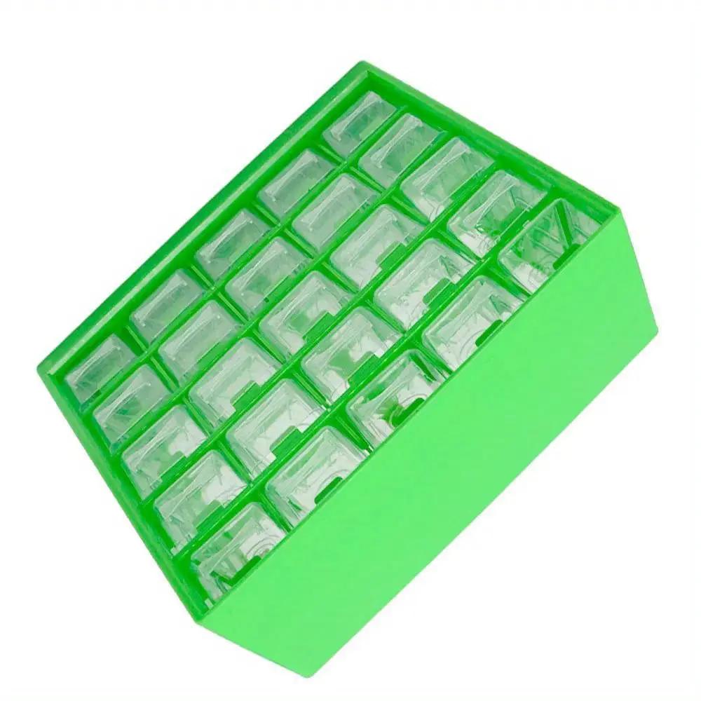 25-grid wall-mounted component storage box, green plastic with clear compartments for screws and small parts