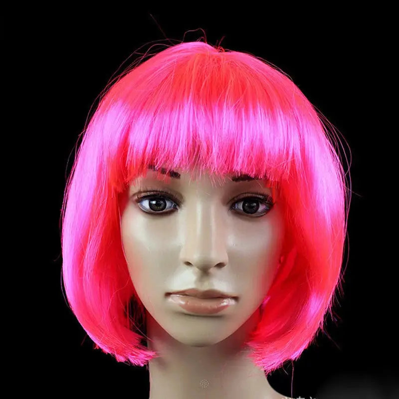 Bob wig for women, bright neon pink short bob with bangs, synthetic