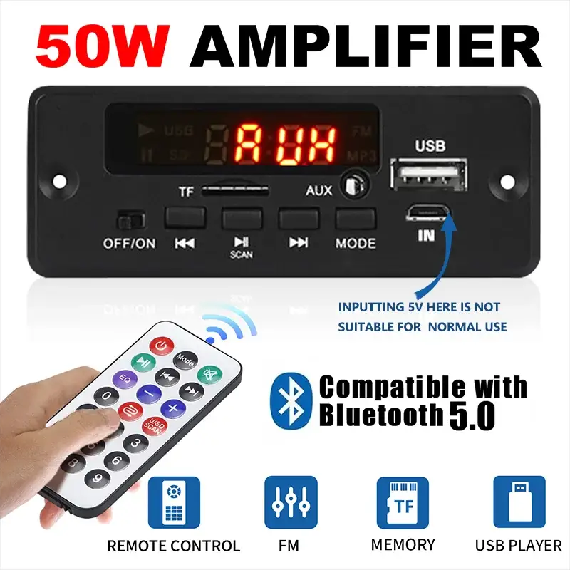 50W Bluetooth 5.0 MP3 Decoder Board For Speaker With USB TF Card FM Radio Module Handsfree Voice Recording