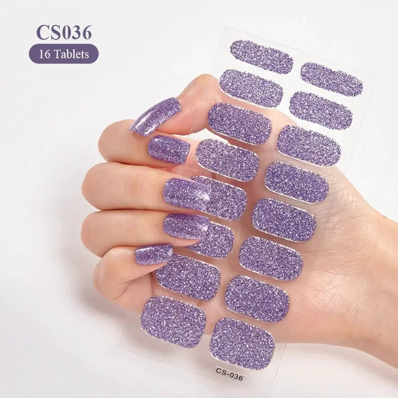 Full-cover nail stickers set, purple glitter self-adhesive decals, 16 tablets