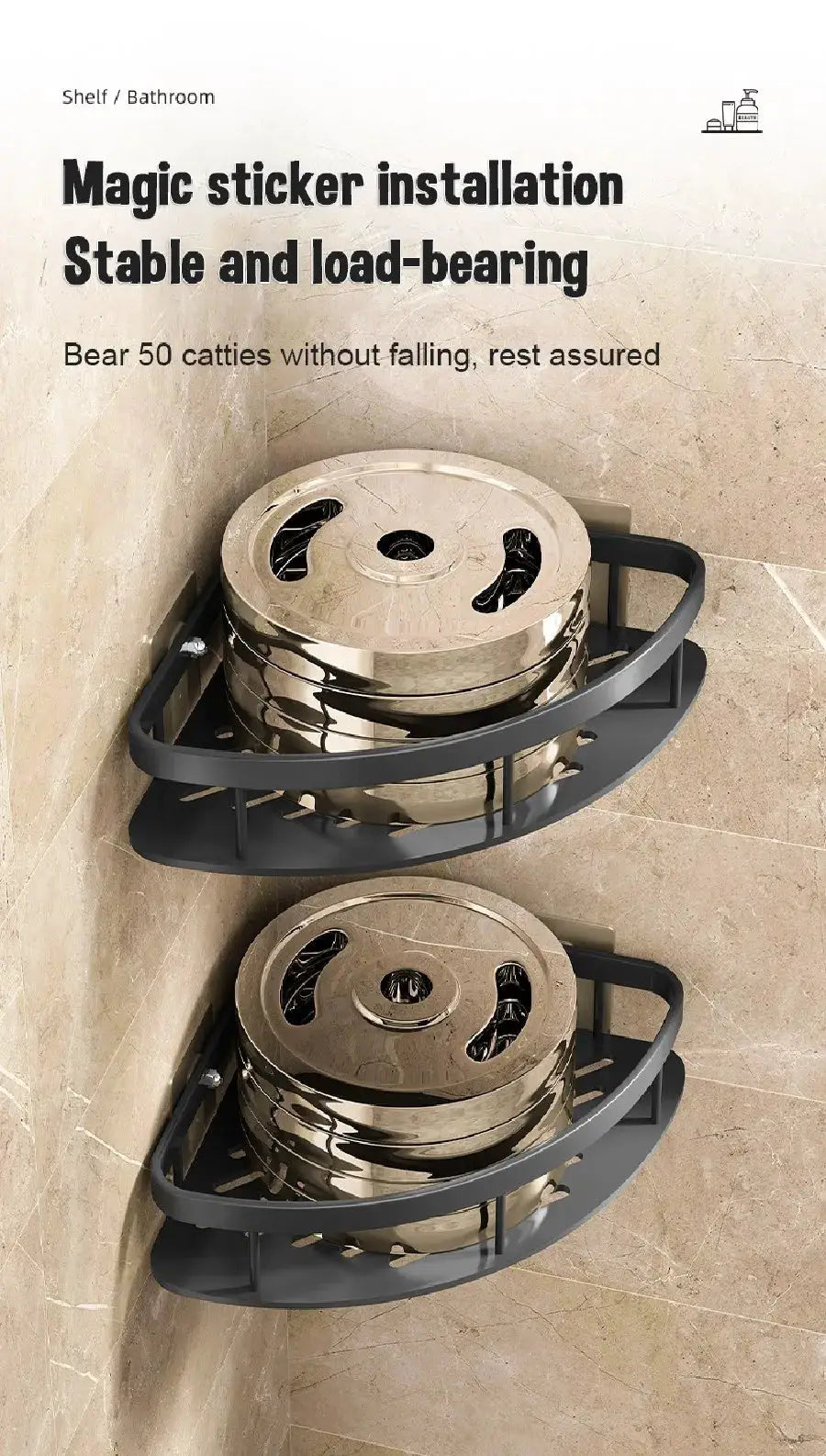 Two-tier wall-mounted bathroom corner shelves in space aluminum finish, no-drill installation
