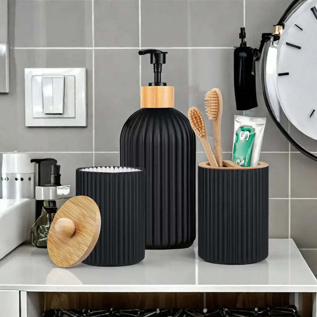 Bathroom Countertop Organizer With Hand Soap Dispenser Cotton Ball Storage And Toothbrush Holder Bamboo Accents