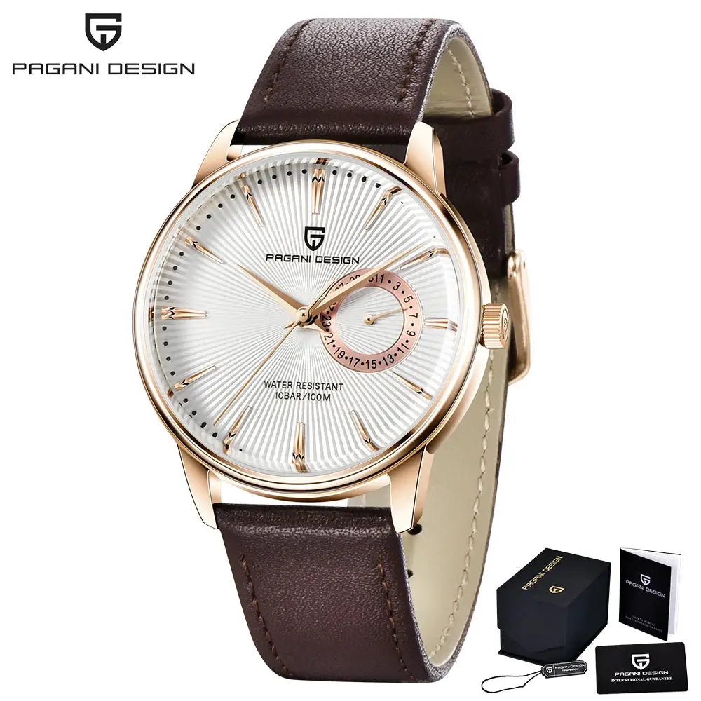 Pagani Design 1654 men's watch with brown leather strap and rose-gold case on white sunburst dial