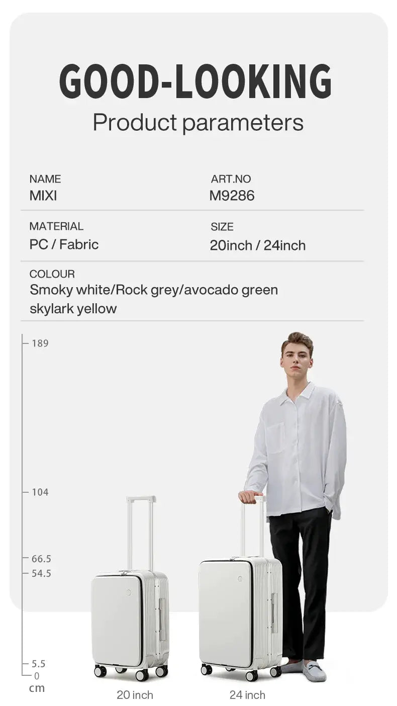 Mixi carry-on luggage: two sizes, 20-inch and 24-inch hard-shell cases by Simples Market in smoky white.