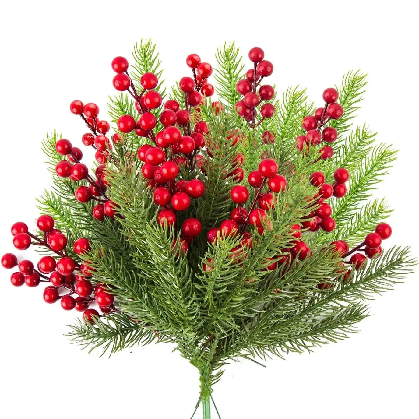 10Pcs artificial pine branches with red holly berries for Christmas tree and wreath decorations