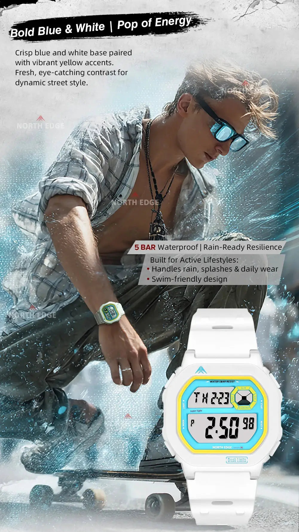 NORTH EDGE X1 square-screen digital watch, white strap, 50M waterproof with stopwatch