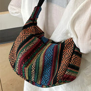 Tribal Style Foldable Crossbody Bag With Zipper Closure And Striped Flag Pattern Canvas
