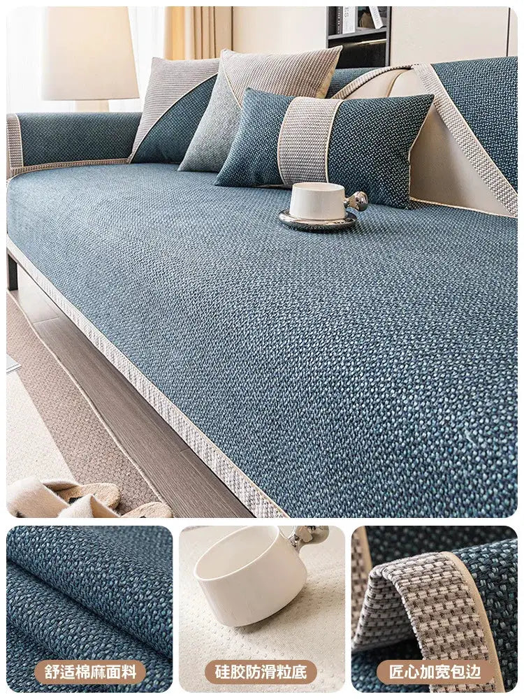 Linen sofa cushion cover by Simples Market in blue woven fabric with non-slip base, shown on a sofa