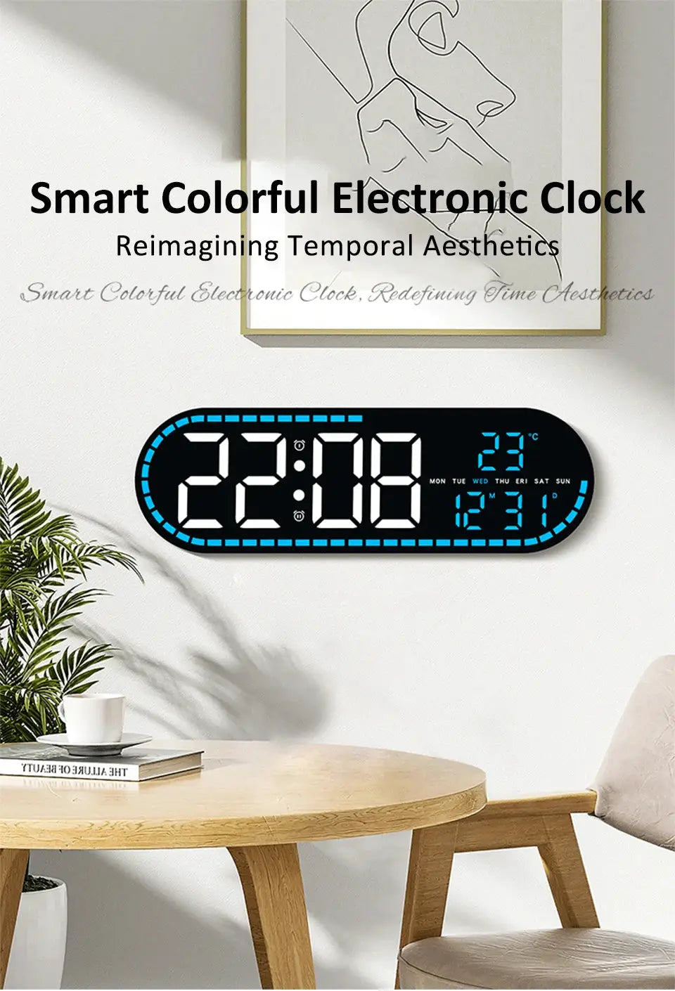 Simples Market digital LED wall clock with blue border, two alarms, date, week display and temperature