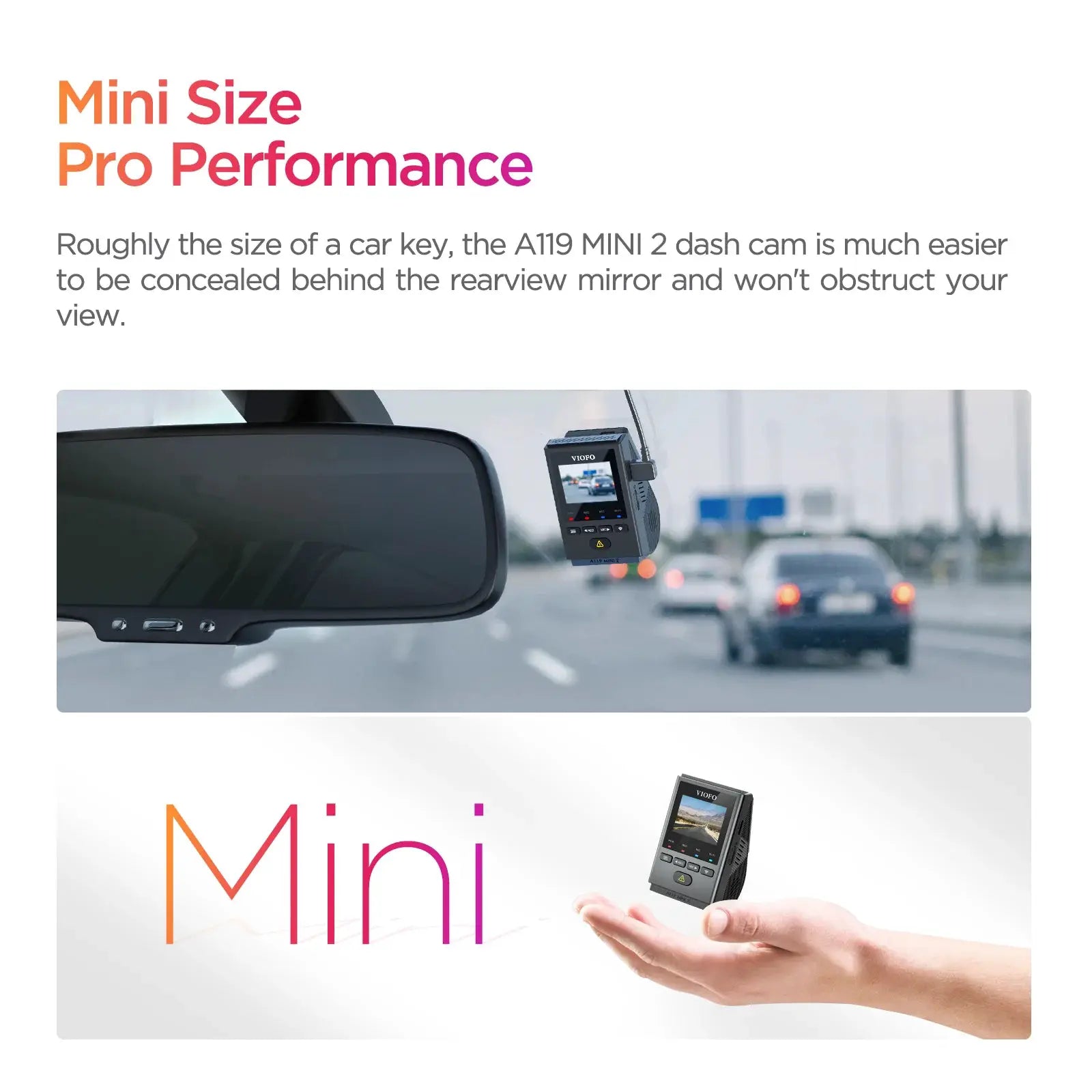 VIOFO A119MINI-2 dash cam mounted on windshield near rearview mirror; 2K 60FPS with GPS and 5GHz Wi‑Fi