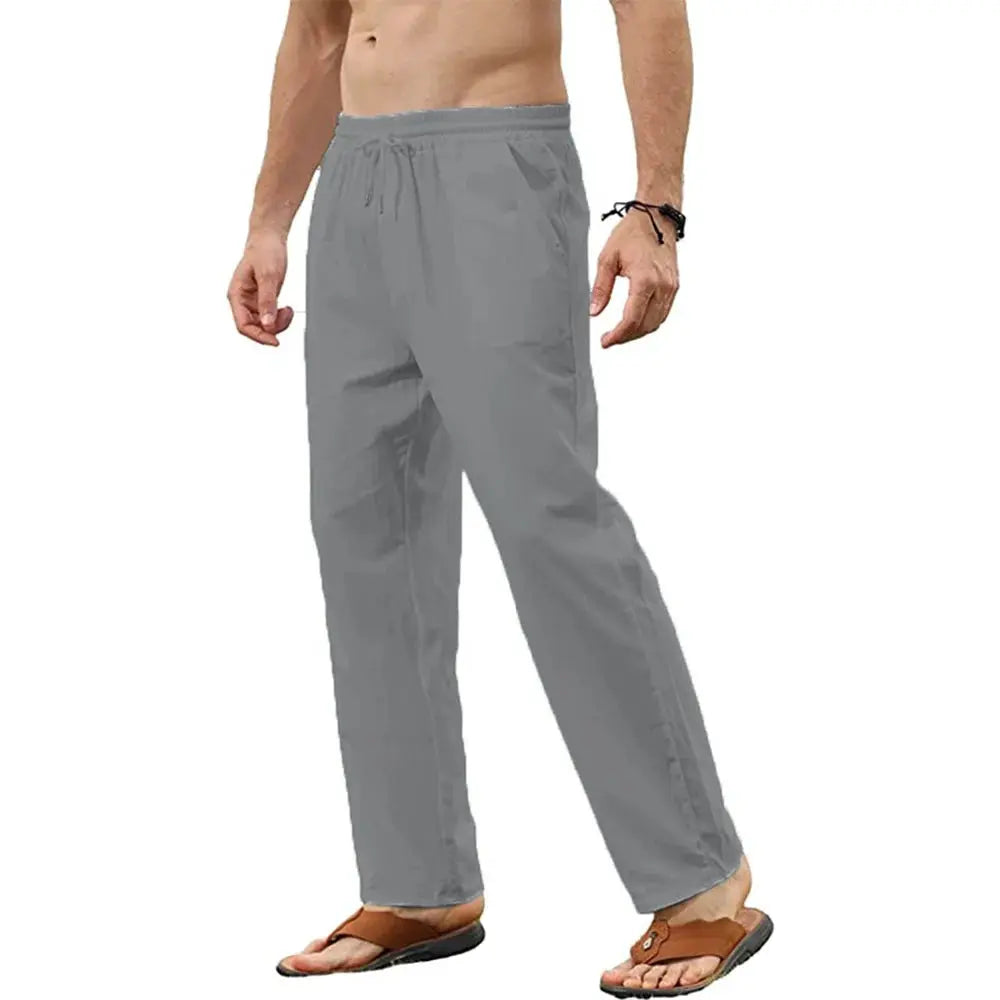 Men's cotton-linen pants in gray, loose-fit jogger style with drawstring by Simples Market