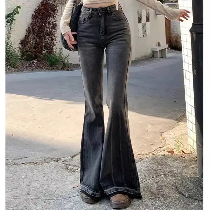 Women High Waist Vintage Flare Jeans Bell Bottom Denim Trousers