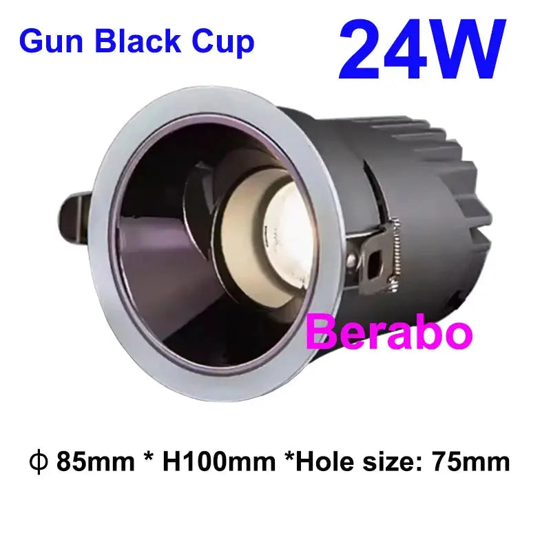 LED recessed downlight Berabo gun-black cup, 24W COB, dimmable, 85mm dia x 100mm height, 75mm cutout