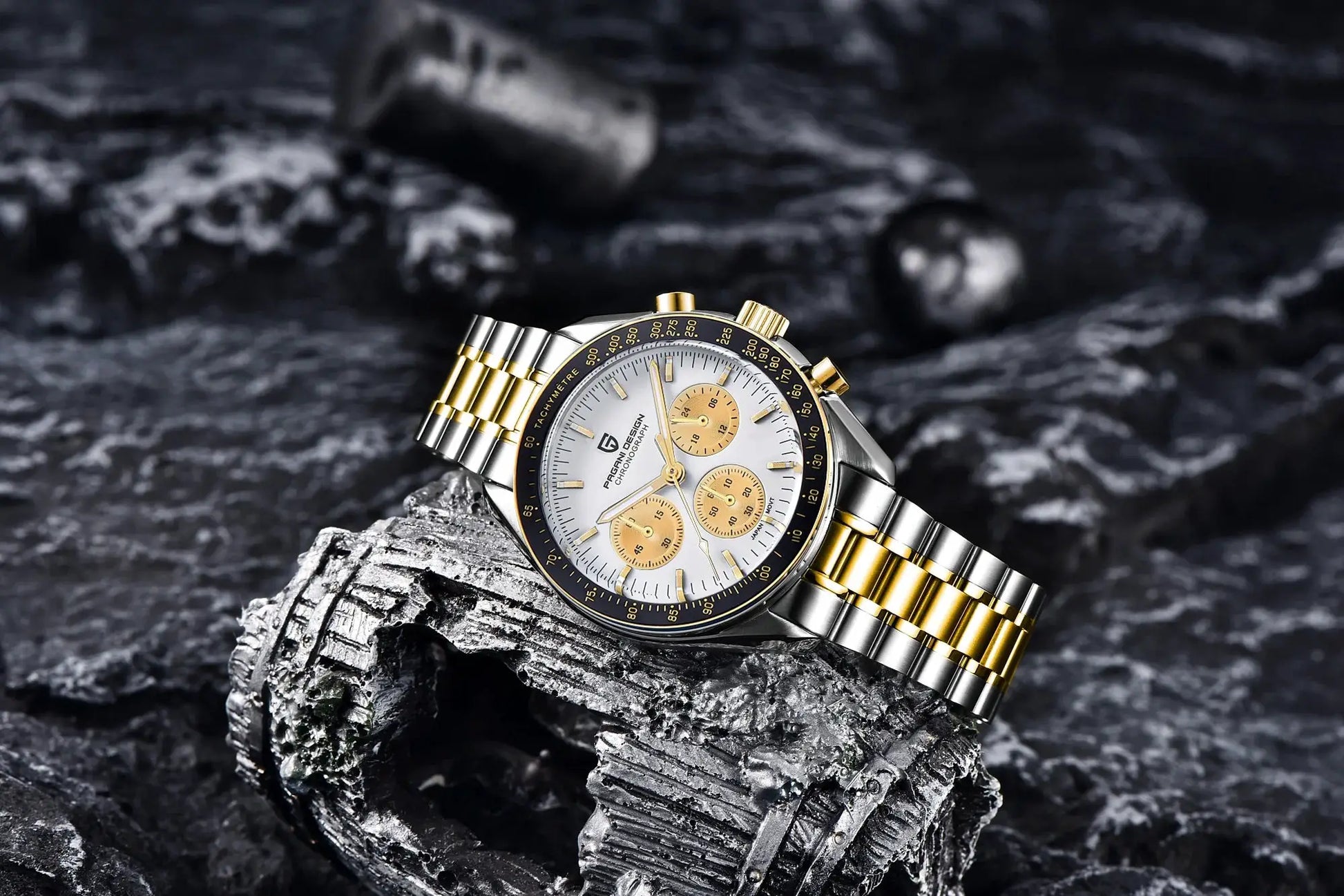 PAGANI DESIGN two-tone steel chronograph watch with white dial, gold subdials, black tachymeter bezel