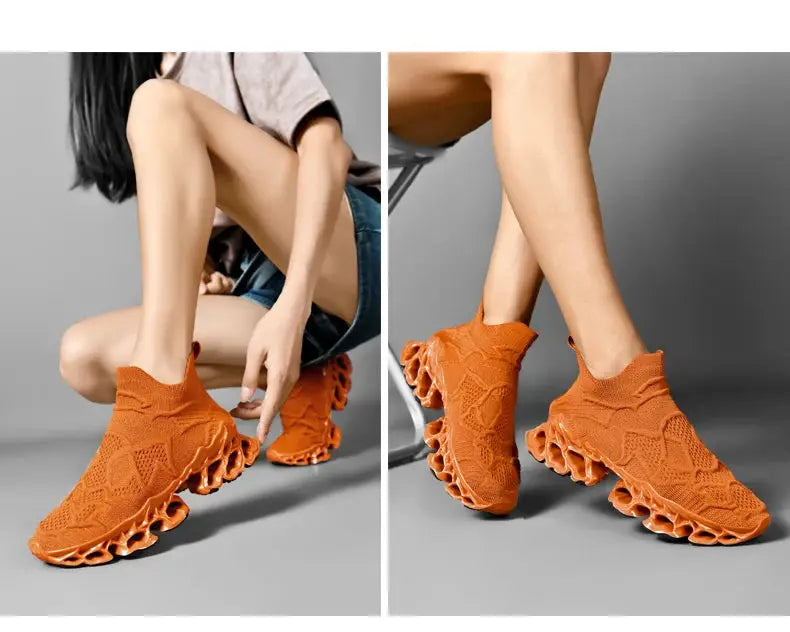 Sneakers in bright orange knit with hollow lattice outsole for men, casual breathable running shoes for daily wear