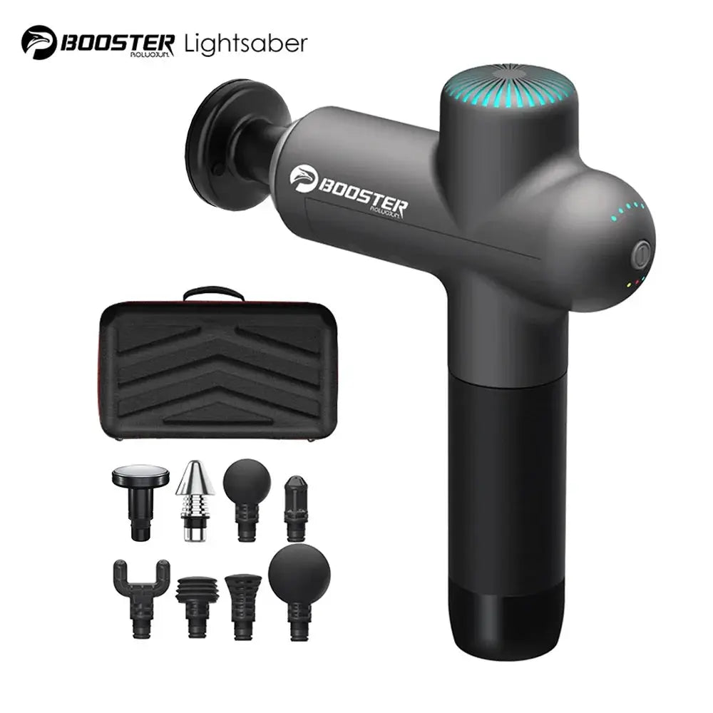 Booster massage gun with neck massager, gray handheld fascia gun and assorted heads in carrying case.