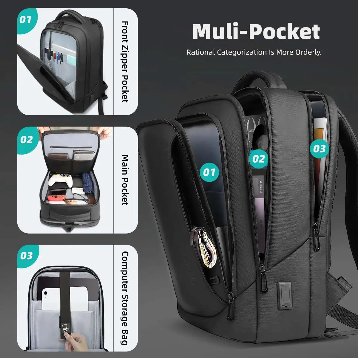 HK Men's Designer Laptop Bag Waterproof School Bags for College Boys Male Business Sports Travel Backpack Men With USB Charging - Simples Market