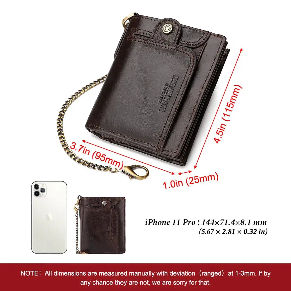 Simples Market real leather men's wallet with RFID, short bifold with zipper coin pocket and anti-theft chain