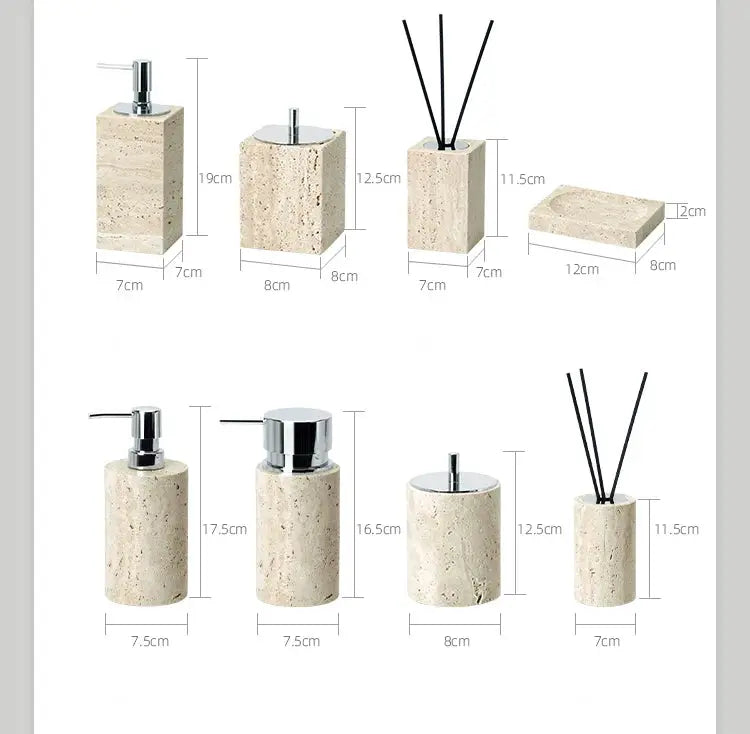 Simples Market beige travertine bathroom set, 8-piece with soap dispenser, dish, diffuser and vanity tray