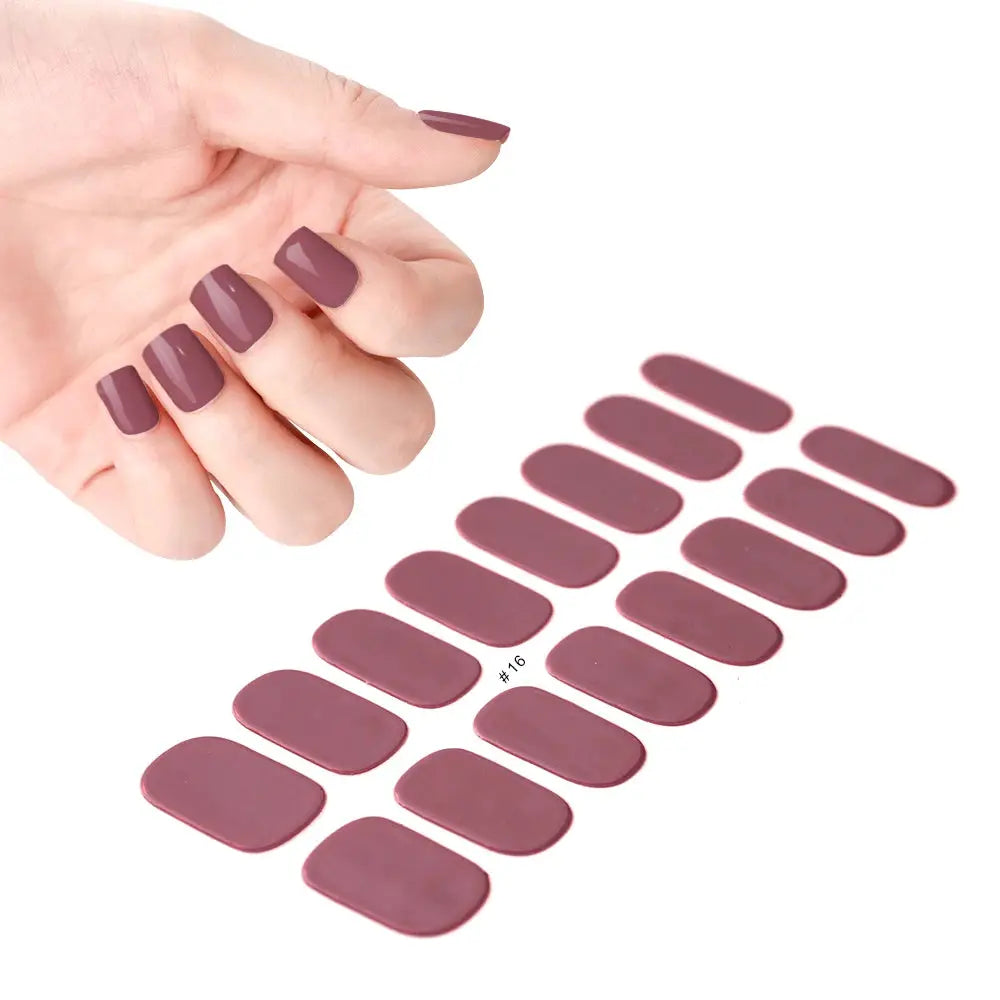 Mauve full-coverage nail wraps (16 pieces) for UV gel nails; hand shows matching polished nails beside the sheet.
