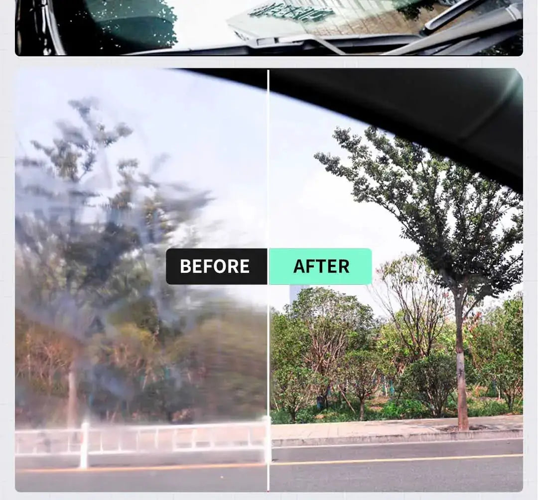 Glass film remover for car glass by Simples Market; before and after windshield polish shows clear glass.