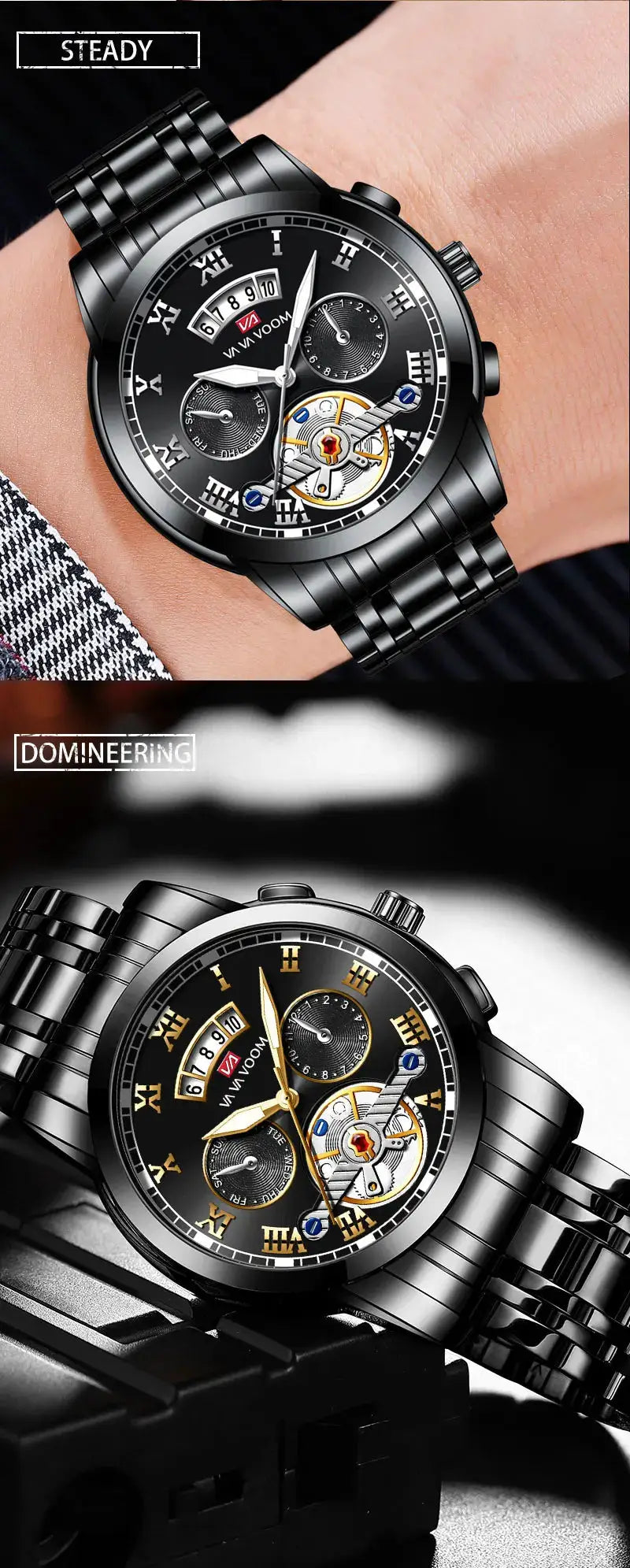 2 black stainless steel watches by Simples Market featuring Roman numerals, luminescent hands, and exposed movement.