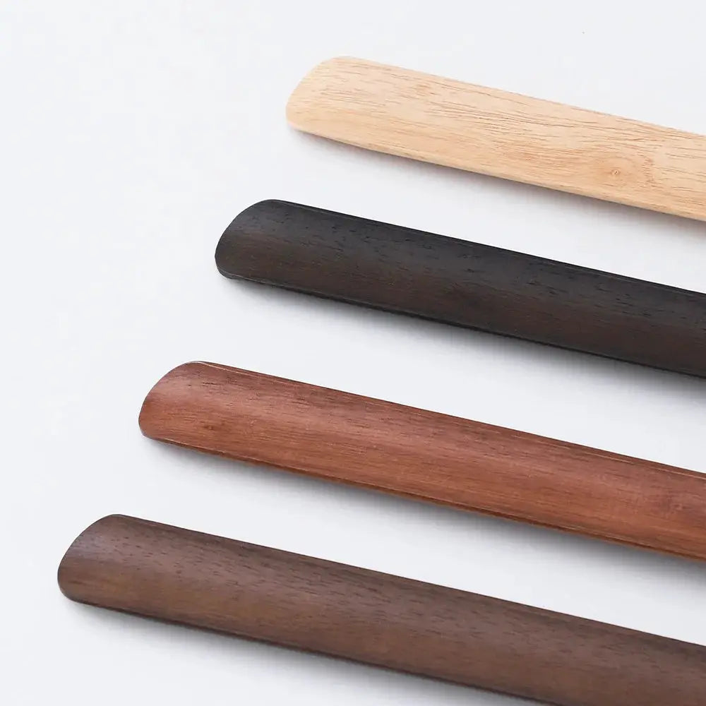 Beech wood shoe horn set by Simples Market; four 55cm handles in natural, black, reddish, dark brown finishes