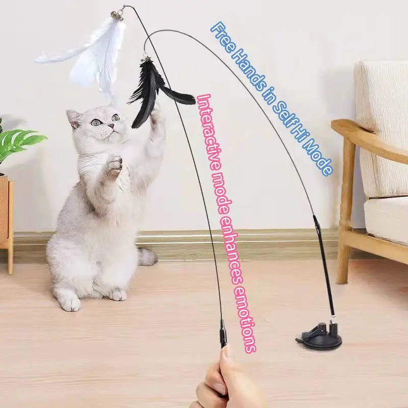 Interactive Cat Toy Hands Free Cat Wand Teaser Wand With Feathers Bell Suction Cup Bird Toy Pet Supplies