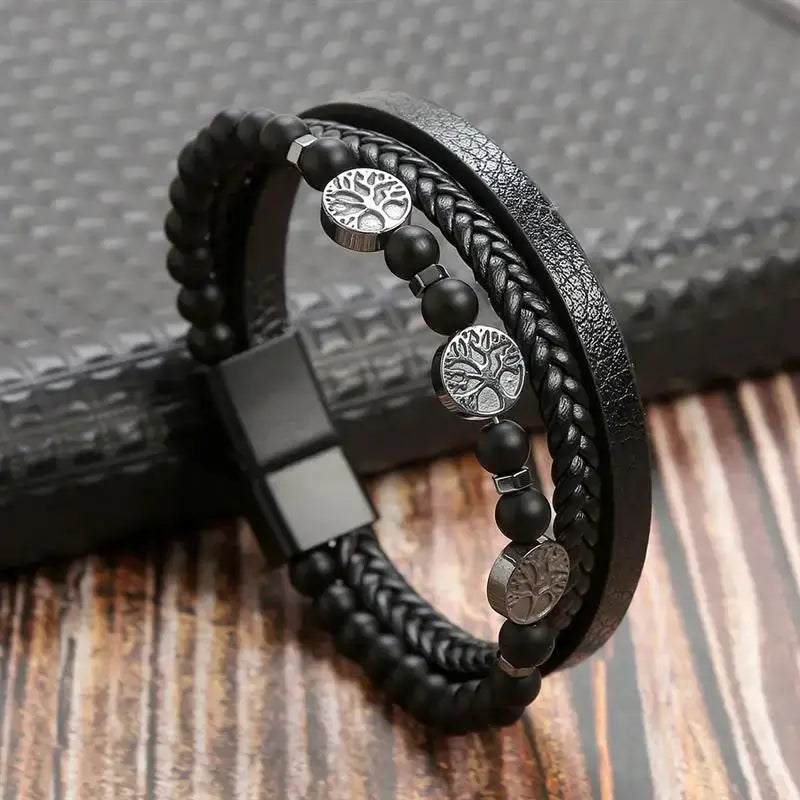 Classic Mens Leather Bracelet Hand Woven Multi Layer Style Fashion Jewelry For Men Durable Casual Accessory