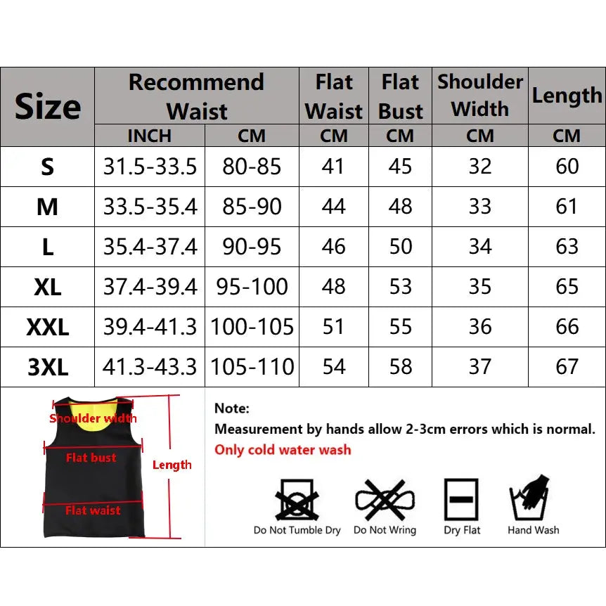 Men's slimming body shaper vest by Simples Market, black waist trainer with size chart and care icons