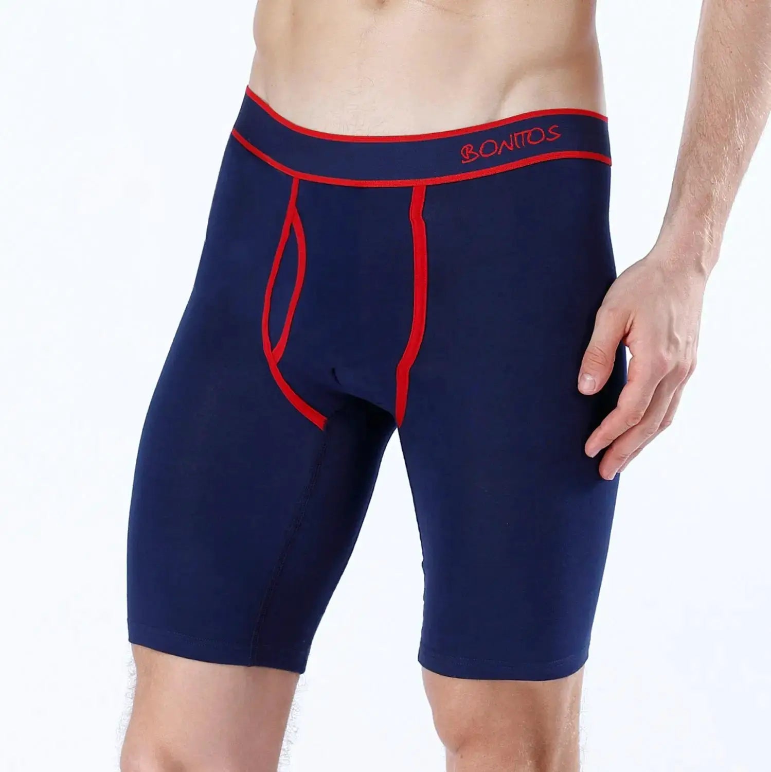 Long navy men’s boxer shorts with red piping and Bonitos waistband logo