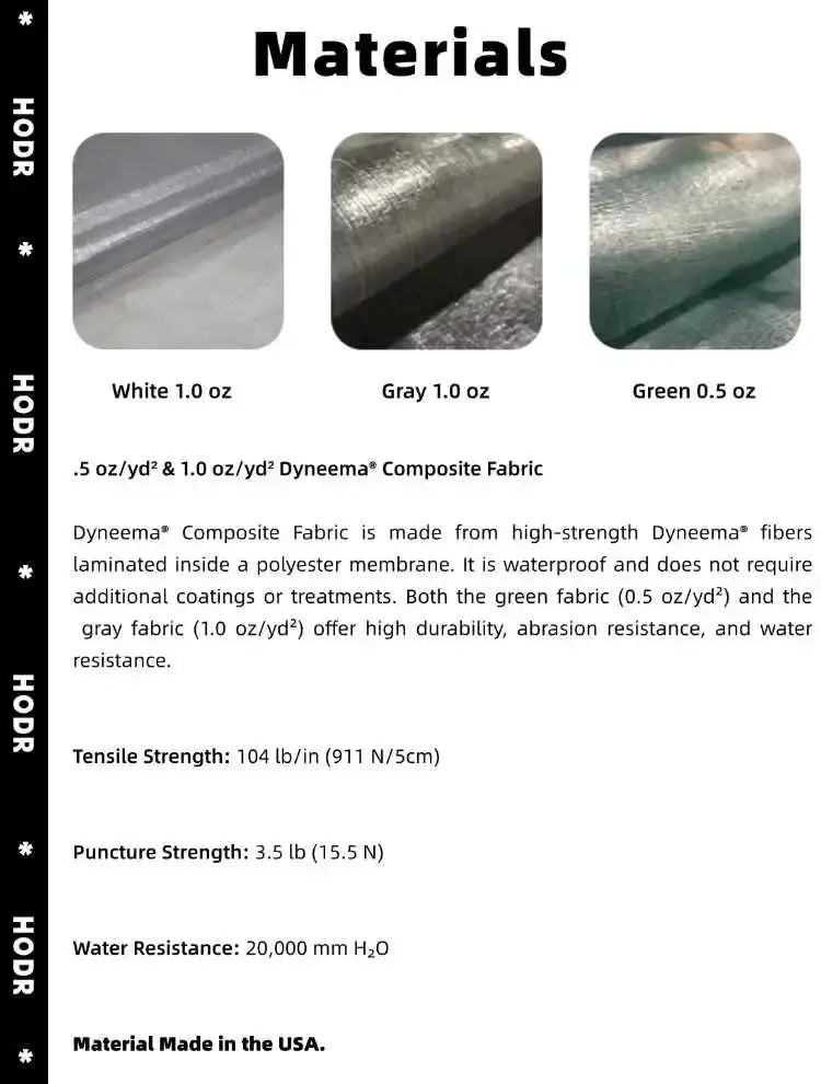 STASHLITE Dyneema DCF stuff sack fabrics swatches in white 1.0 oz, gray 1.0 oz, and green 0.5 oz