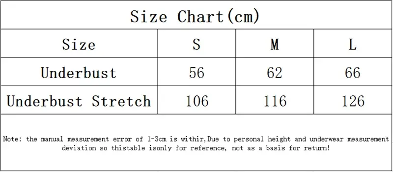 Size chart for Flarixa bralettes by Simples Market: S, M, L; underbust 56/62/66 cm, stretch 106/116/126 cm
