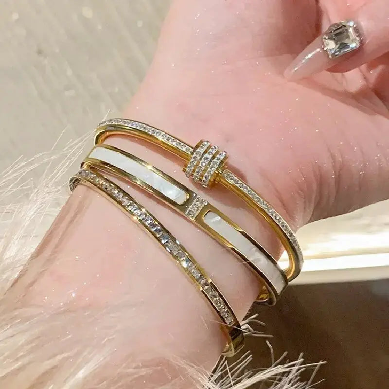Titanium Steel Bracelet Gold Plated With Zircon Inlaid Classic Simple Style For Womens Daily Wear