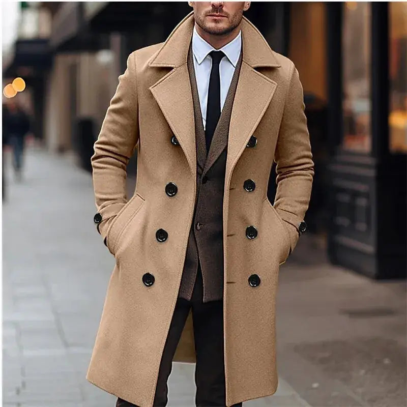 Men's camel woolen double-breasted trench coat, long wool blend, business casual style.