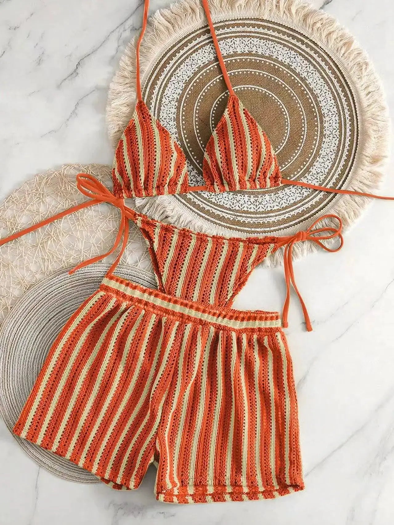 Simples Market 2026 orange striped crochet three-piece swimsuit with lace-up bikini top and tie-side bottoms