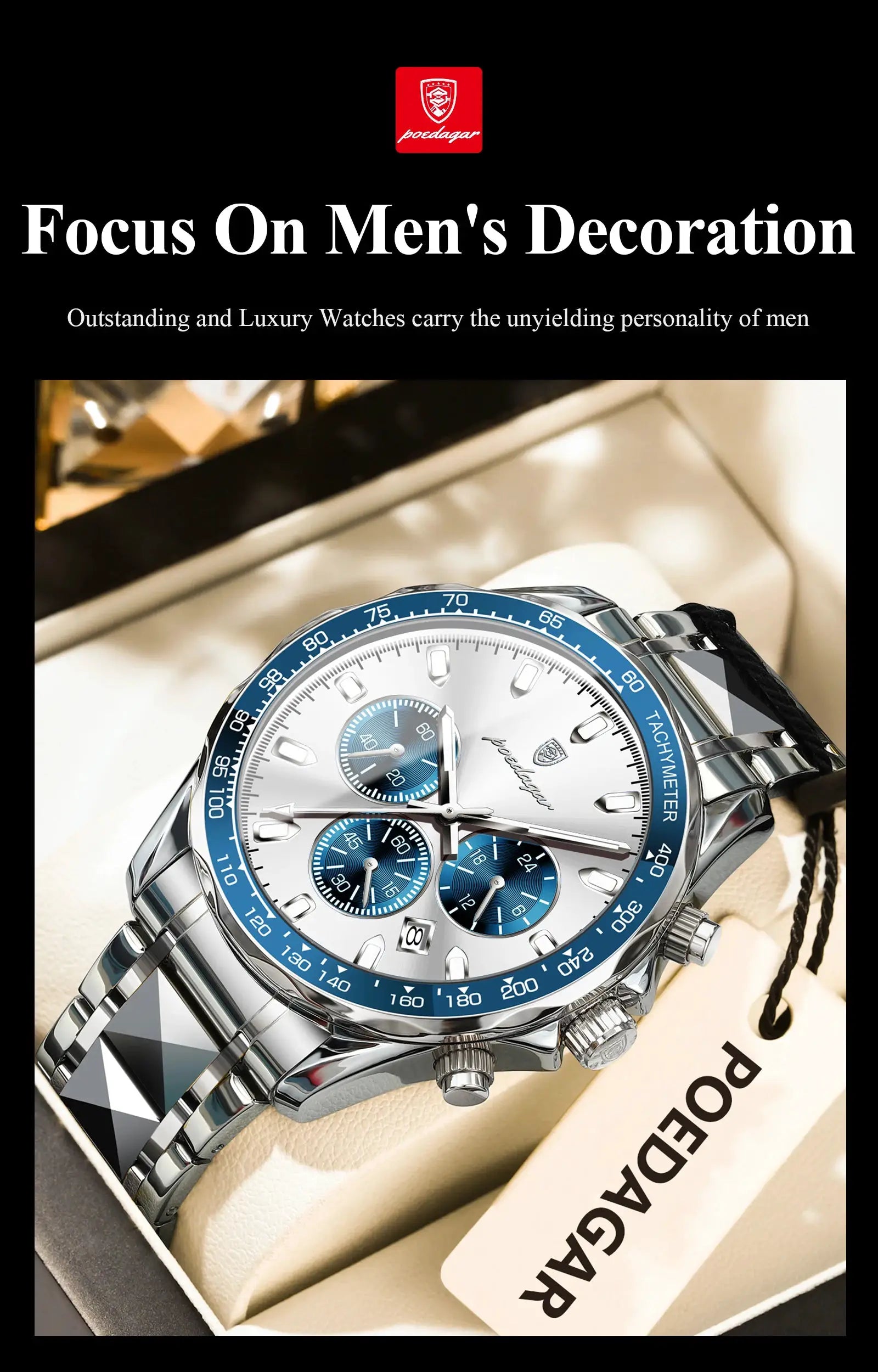 POEDAGAR men’s luxury stainless steel chronograph watch with blue bezel, waterproof and luminous