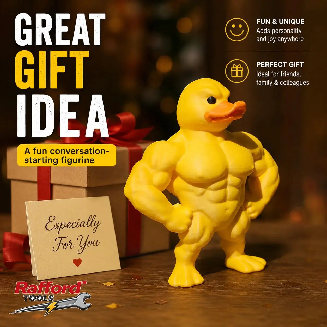 Muscle Duck Statue; yellow 3D desktop figurine for shelves, Rafford Tools