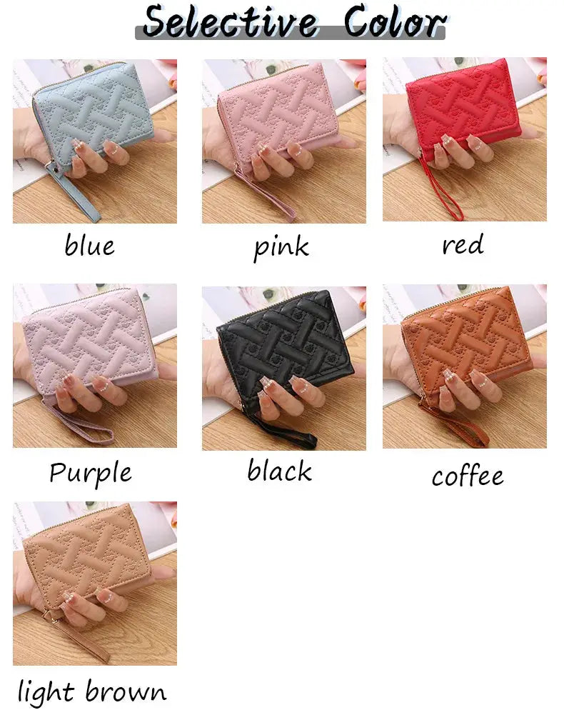 Women's zip wallet with embossed geometric pattern; large-capacity card bag, available in 7 color options.
