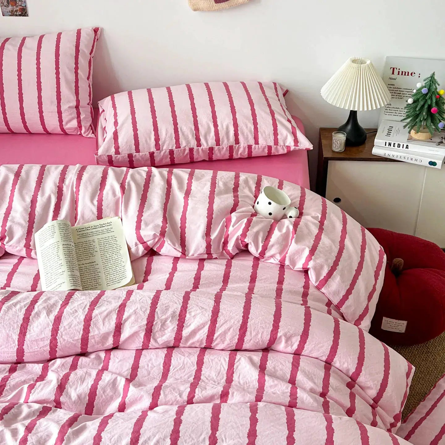 3pcs pink striped duvet cover set with 2 pillowcases in soft washed cotton for girls, 150x200cm bedding.