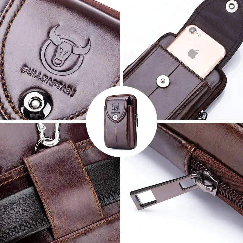 BullCaptain men's brown leather belt waist bag with zip pocket and snap closure
