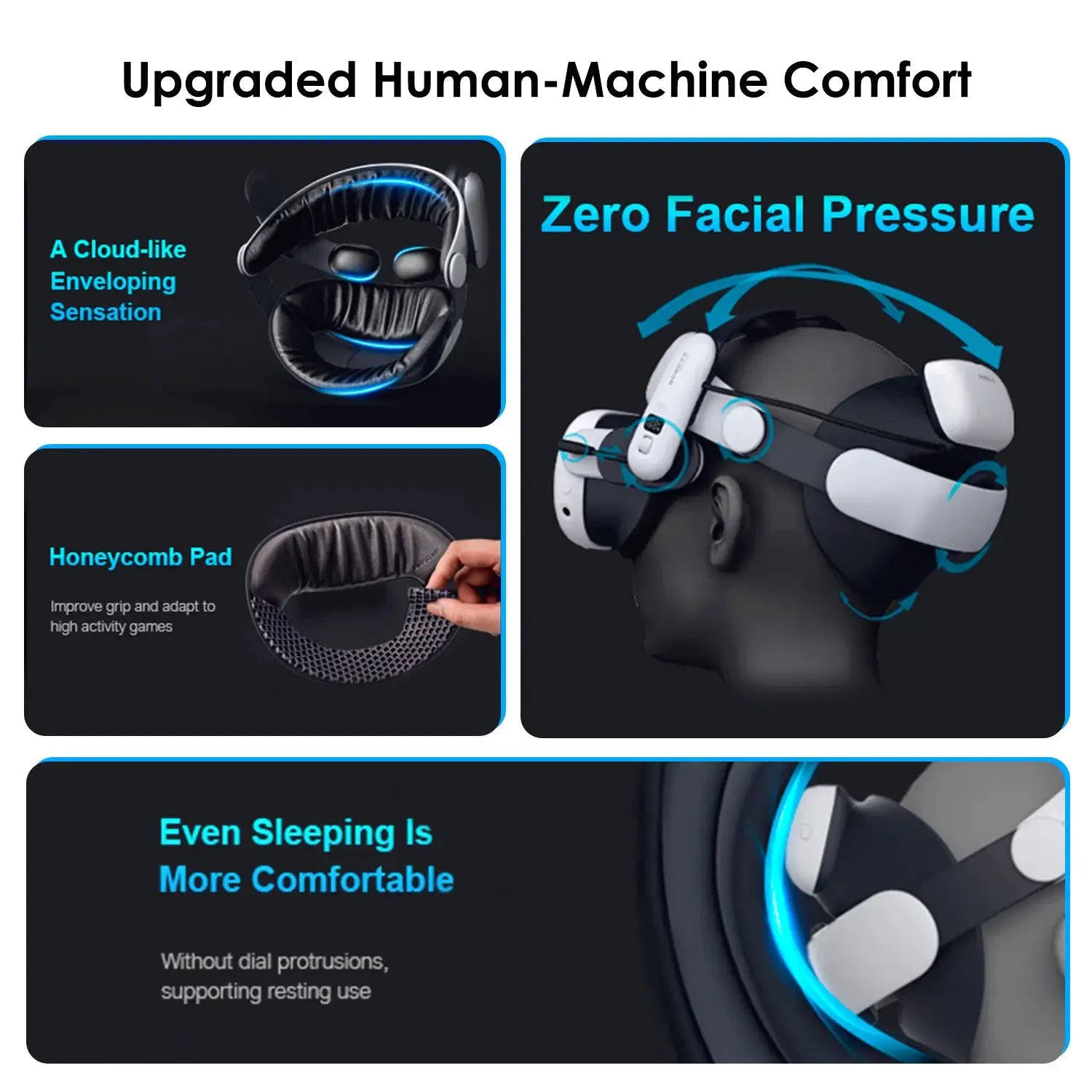 BOBOVR Battery Head Strap for Meta Quest 3/Quest3S by Simples Market; black with blue accents and honeycomb pad.