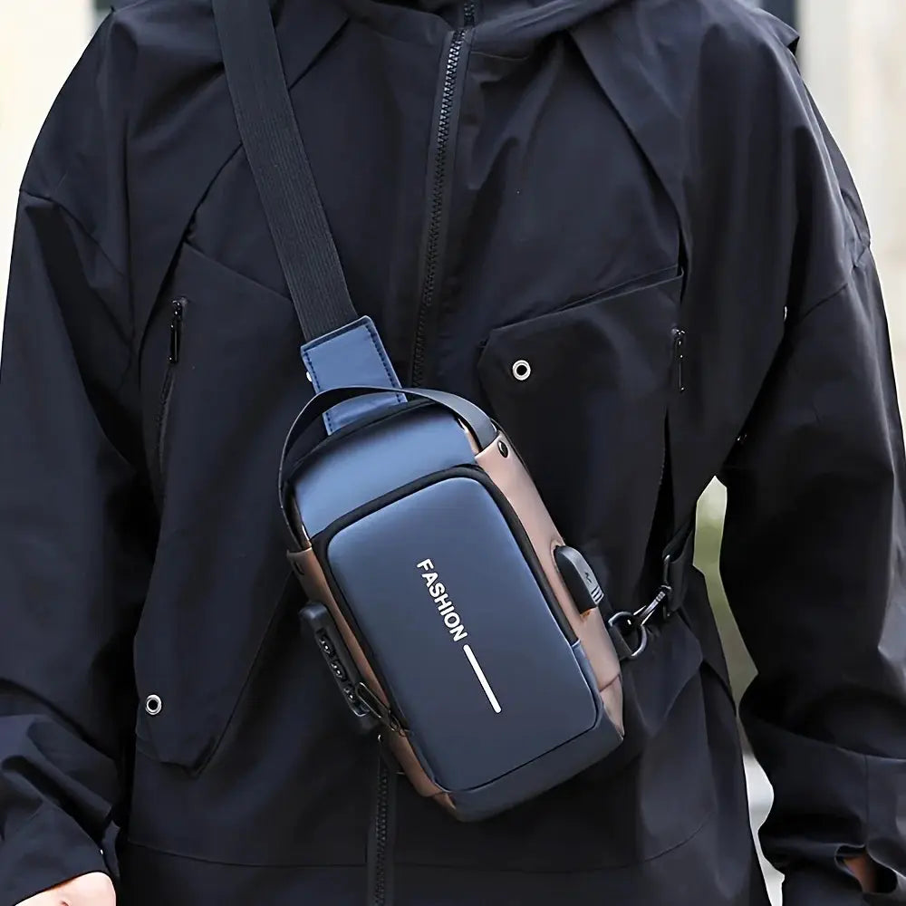 Stylish men's sling bag in blue Oxford fabric with brown trim, crossbody pack with zip closures and phone pocket.