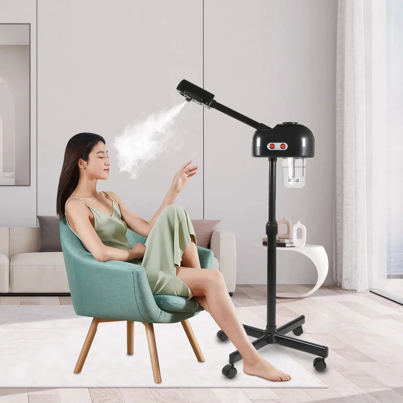 750ml ozone facial steamer on a height-adjustable, 360° rotatable arm with a wheeled black stand