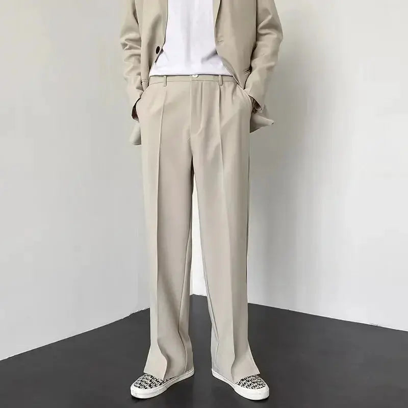 Men's straight baggy khaki trousers with pleats, casual business streetwear