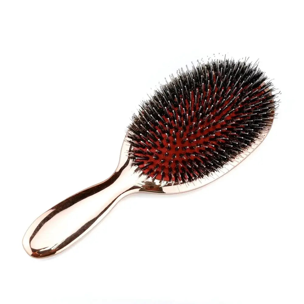 Paddle hair brush with boar bristles, oval, gold and silver tones, anti-static massage brush