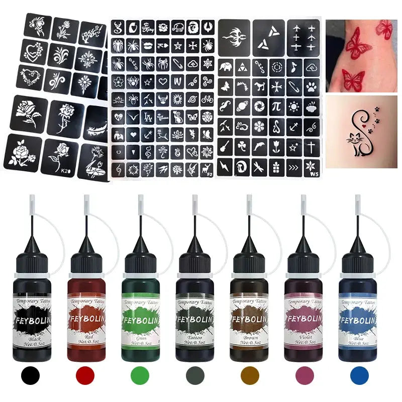 Long Lasting Temporary Tattoo Inks Kit With Three Tattoo Stickers Freehand Painting Gel For Face And Body
